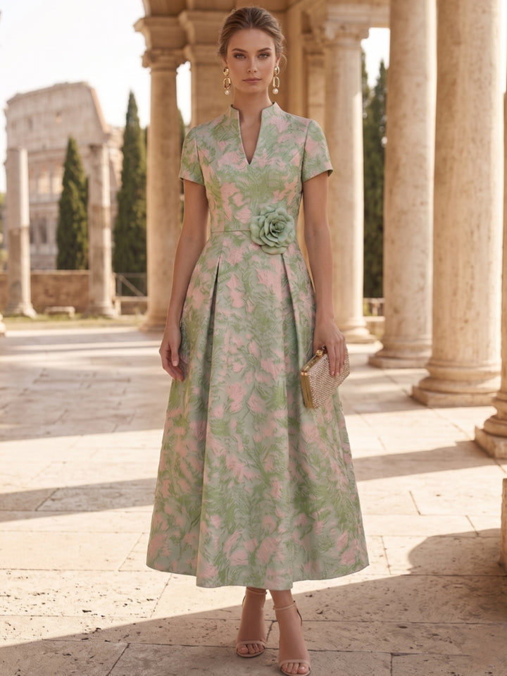 A-Line/Princess V-Neck Jacquard Mother of the Bride Dresses with 3D Flower Ankle-Length Floral Short Sleeves