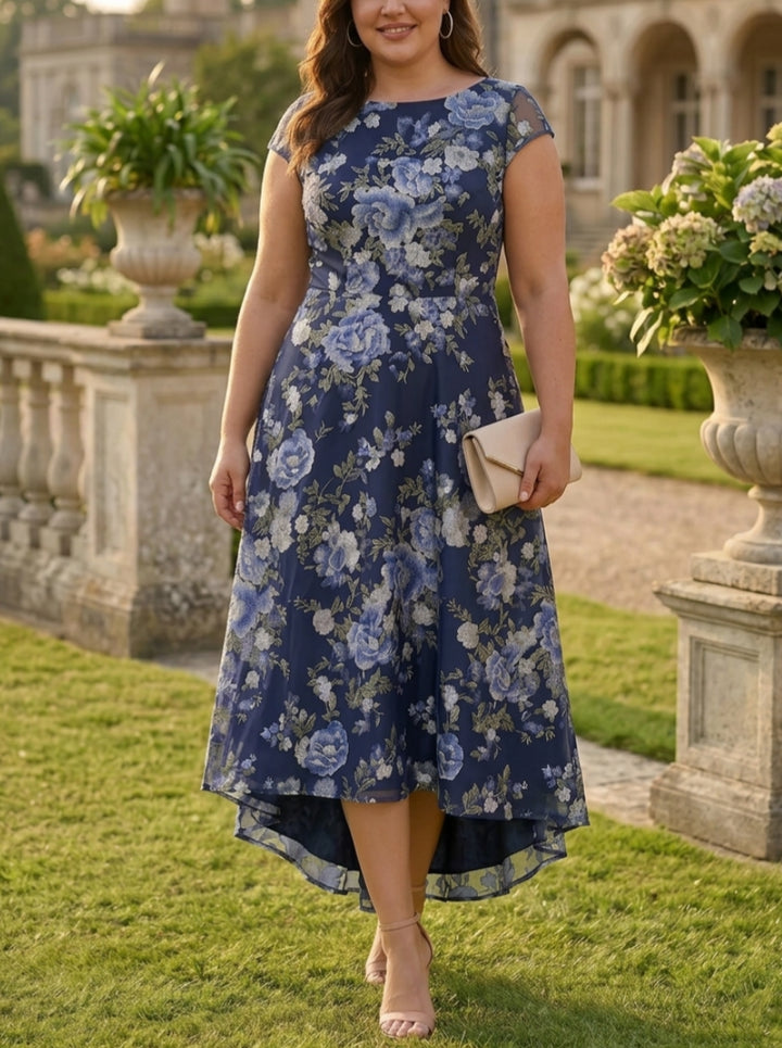 A-Line/Princess Scoop Chiffon Plus Size Mother of the Bride Dresses Asymmetrical Tea-Length Floral Cap Sleeves