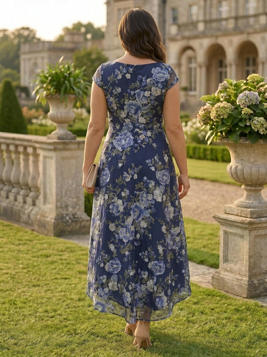 A-Line/Princess Scoop Chiffon Plus Size Mother of the Bride Dresses Asymmetrical Tea-Length Floral Cap Sleeves