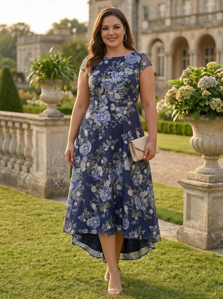 A-Line/Princess Scoop Chiffon Plus Size Mother of the Bride Dresses Asymmetrical Tea-Length Floral Cap Sleeves