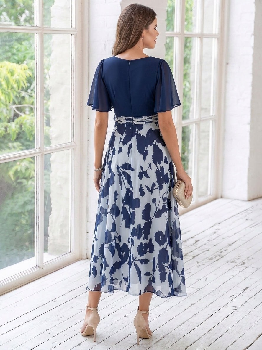 A-Line/Princess V-Neck Chiffon Mother of the Bride Dresses with 3D Flower Tea-Length Floral Short Sleeves