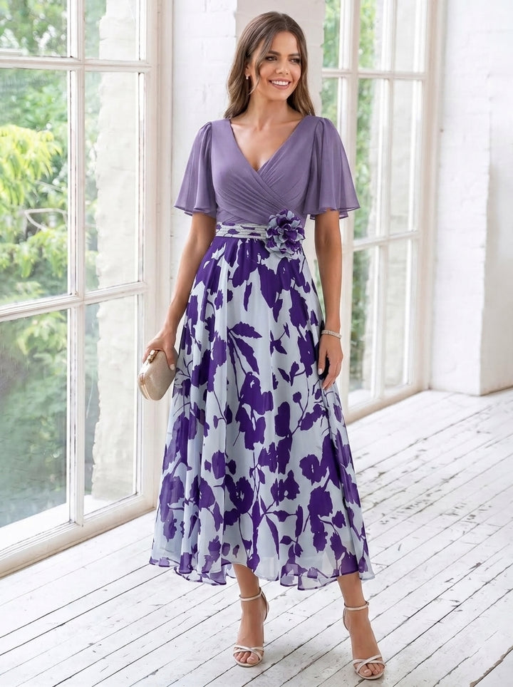 A-Line/Princess V-Neck Chiffon Mother of the Bride Dresses with 3D Flower Tea-Length Floral Short Sleeves