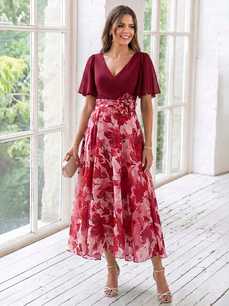 A-Line/Princess V-Neck Chiffon Mother of the Bride Dresses with 3D Flower Tea-Length Floral Short Sleeves