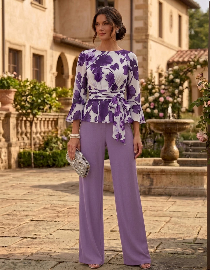 2 Pieces Scoop Chiffon Mother of the Bride Pantsuits Floor-Length Floral 3/4 Sleeves