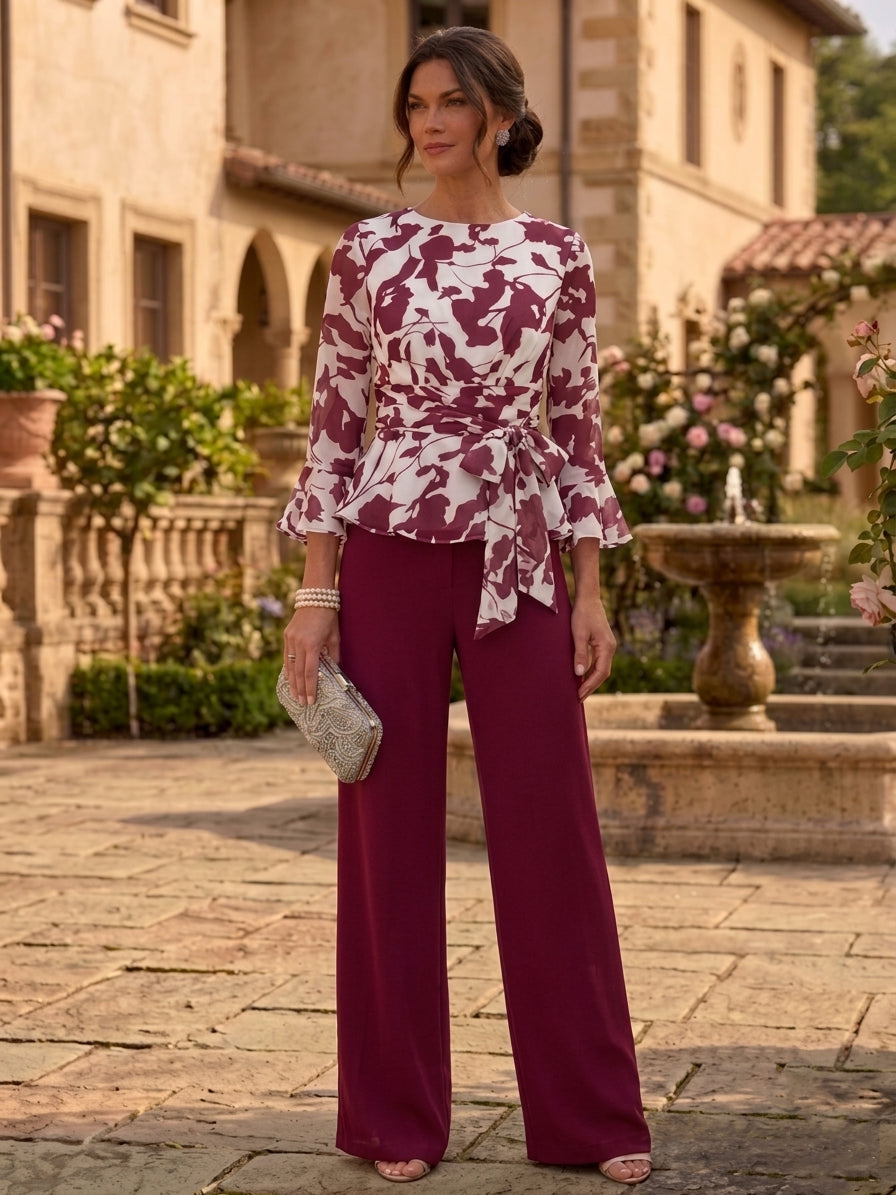 2 Pieces Scoop Chiffon Mother of the Bride Pantsuits Floor-Length Floral 3/4 Sleeves