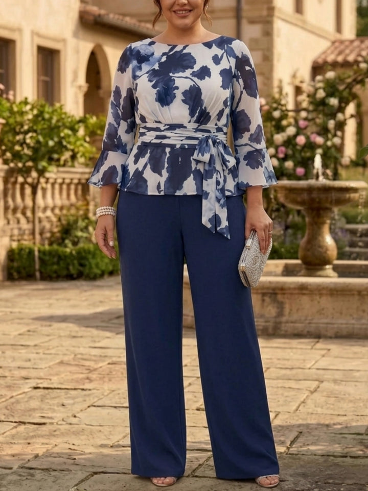 2 Pieces Scoop Chiffon Plus Size Mother of the Bride Pantsuits Floor-Length Floral 3/4 Sleeves