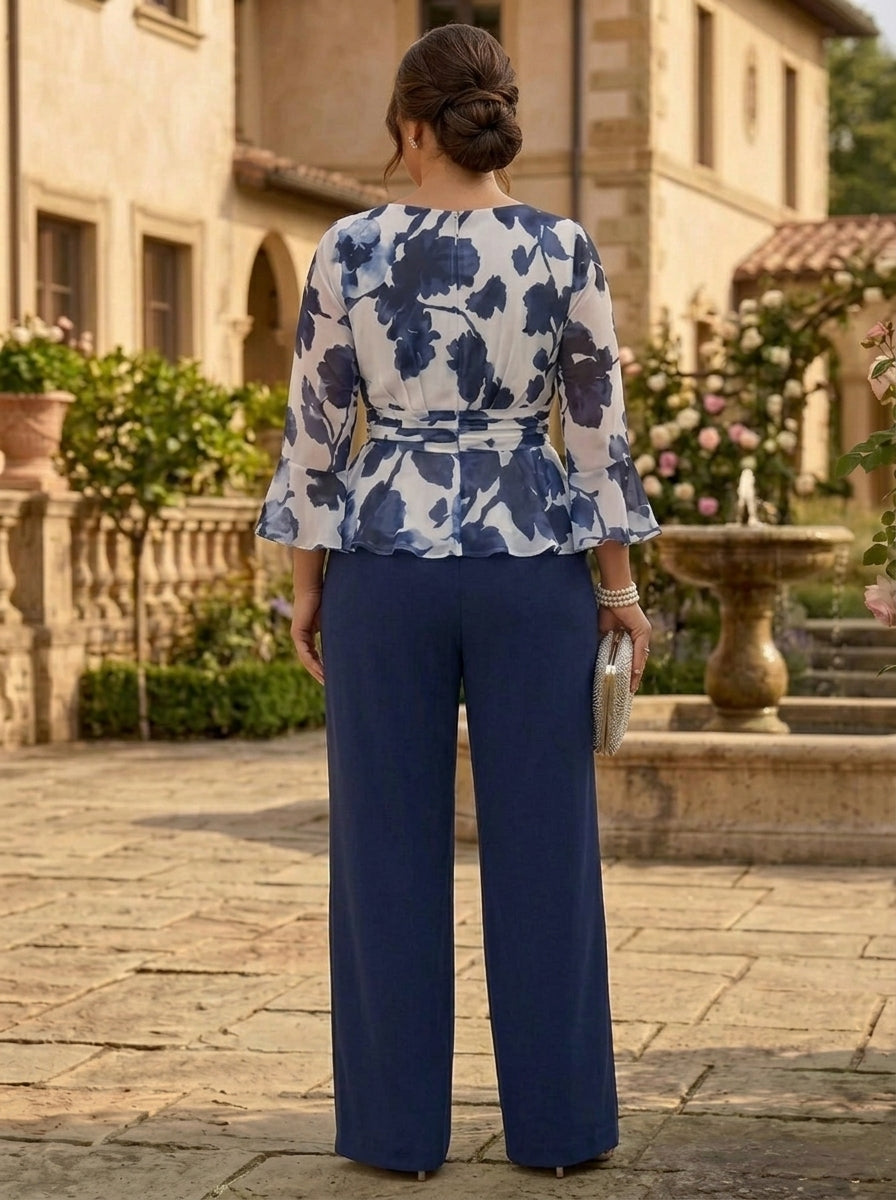 2 Pieces Scoop Chiffon Plus Size Mother of the Bride Pantsuits Floor-Length Floral 3/4 Sleeves