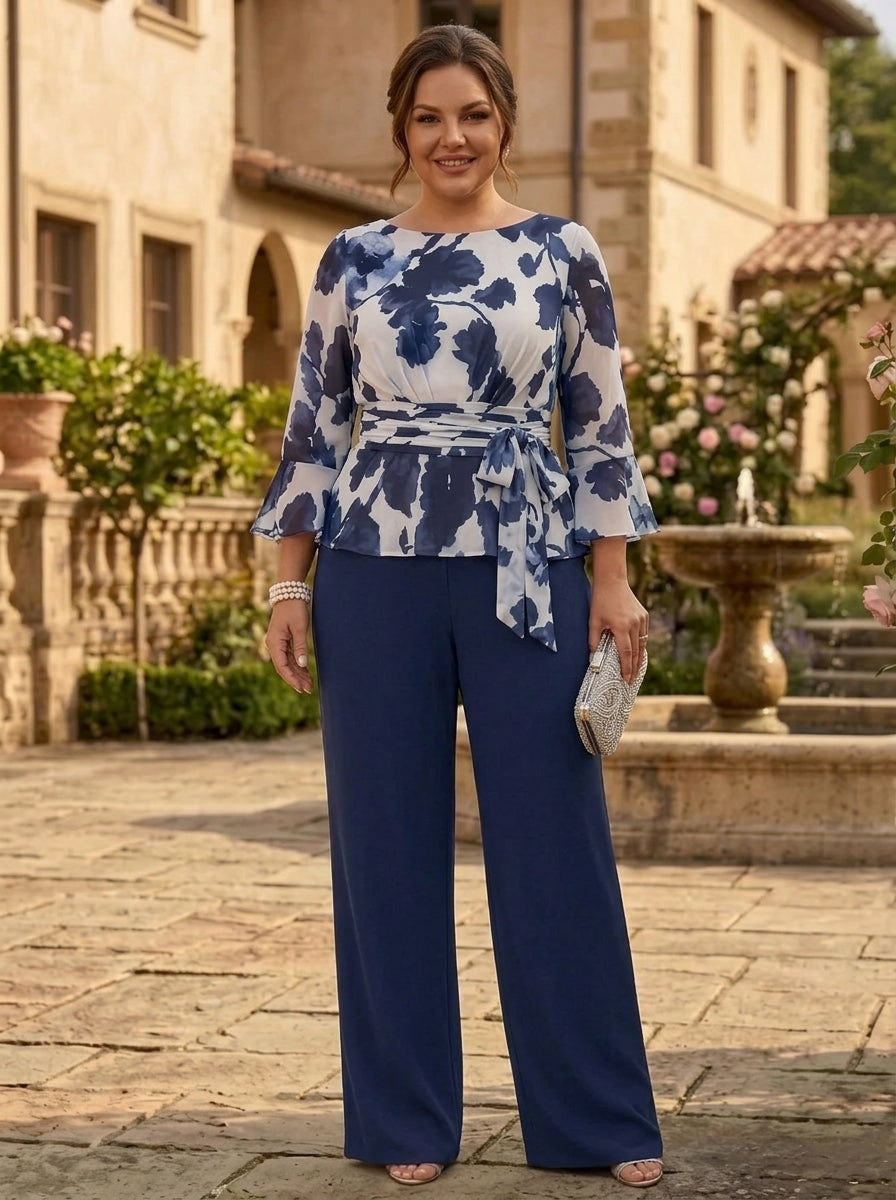 2 Pieces Scoop Chiffon Plus Size Mother of the Bride Pantsuits Floor-Length Floral 3/4 Sleeves