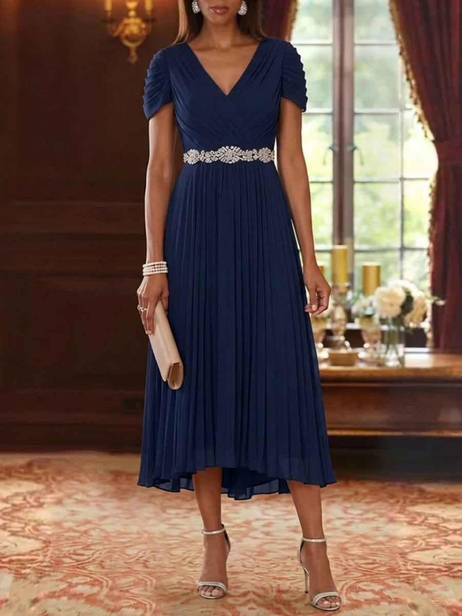 tea length navy blue mother of the bride dress A-Line/Princess V-Neck Chiffon Mother of the Bride Dresses Tea-Length