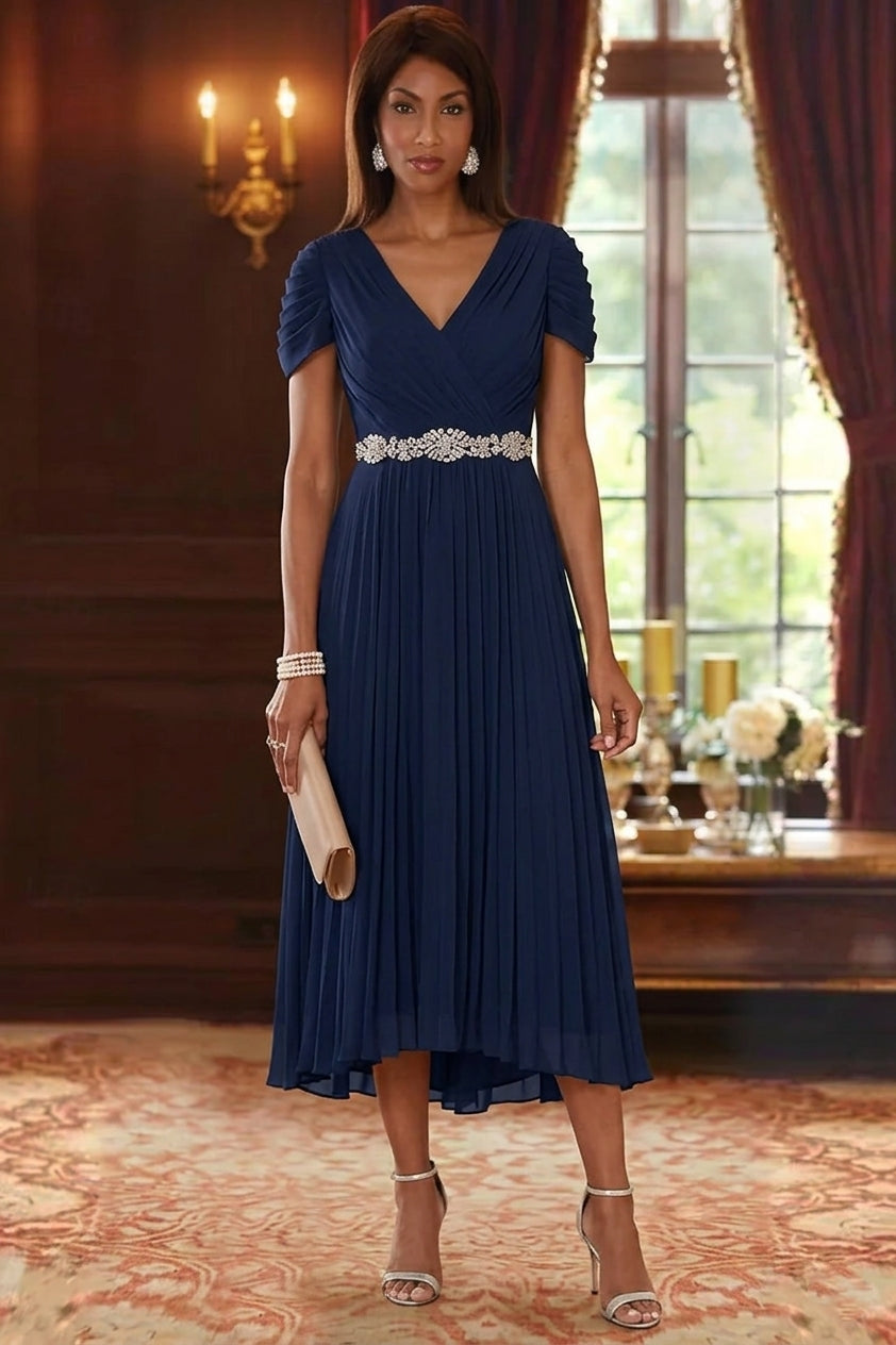 A-Line/Princess V-Neck Chiffon Mother of the Bride Dresses Tea-Length Short Sleeves Sash Pleated, Navy Blue