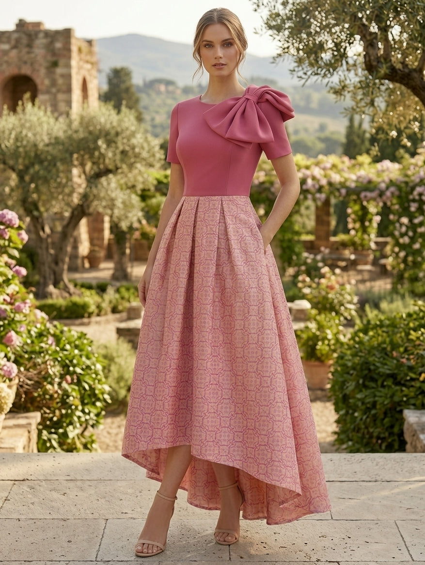 A-Line/Princess Scoop Printed Satin Mother of the Bride Dresses with Bowknot Asymmetrical Ankle-Length Short Sleeves, Pink