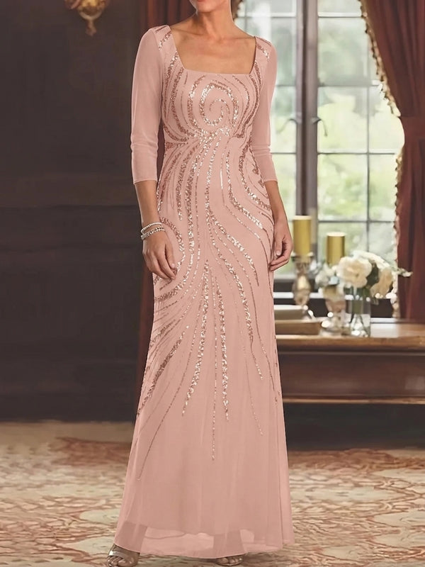 Sheath/Column Square Collar Chiffon Mother of the Bride Dresses Floor-Length 3/4 Sleeves Sequins