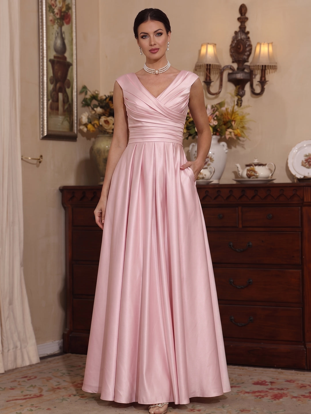 A-Line/Princess V-Neck Satin Mother of the Bride Dresses Floor-Length Sleeveless Ruched