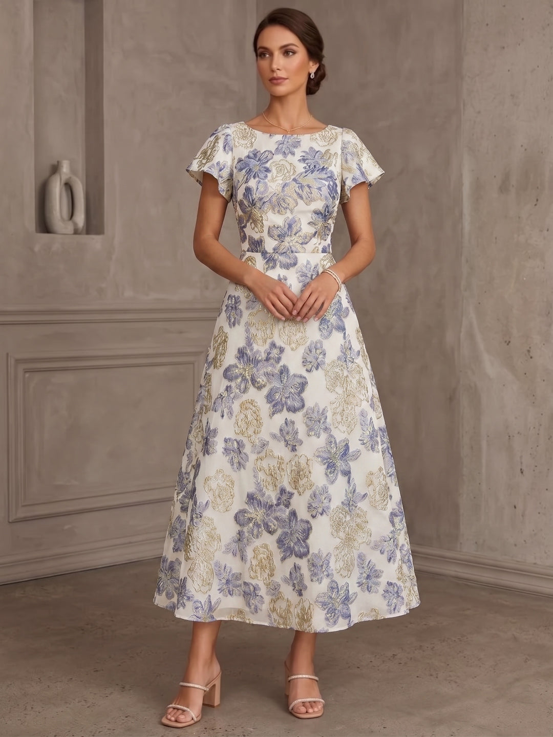 A-Line/Princess Scoop Jacquard Mother of the Bride Dresses Floral Short Sleeves Tea-Length