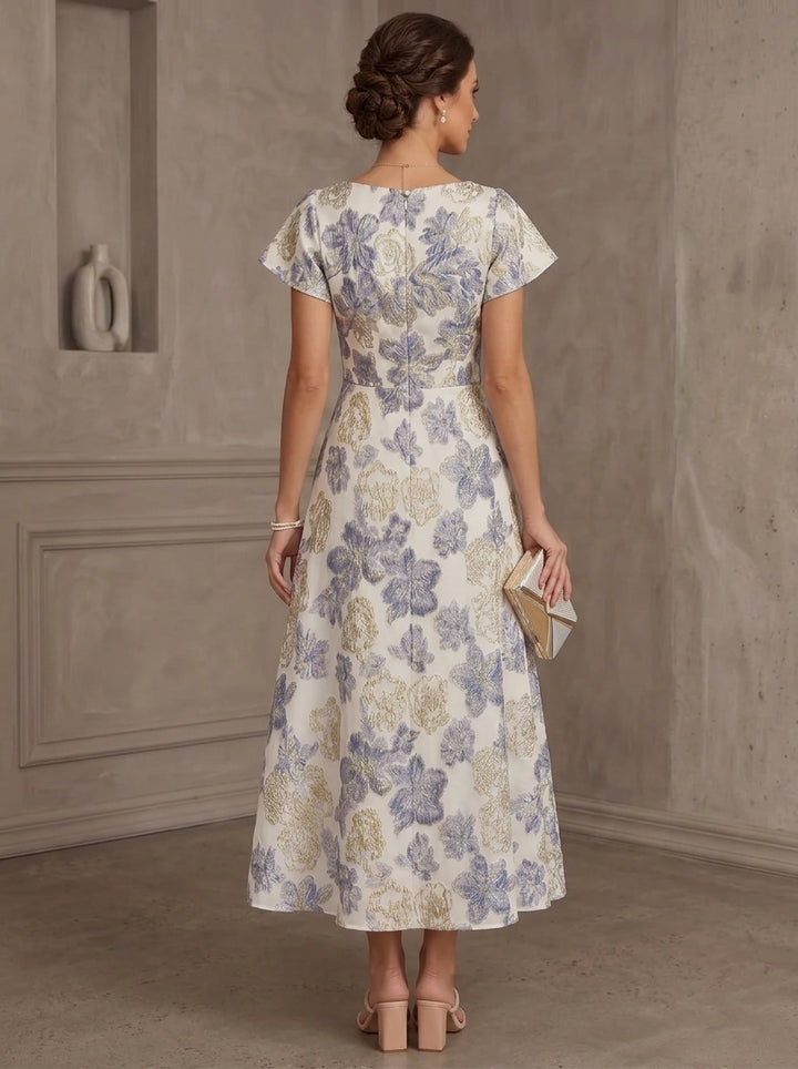 A-Line/Princess Scoop Jacquard Mother of the Bride Dresses Floral Short Sleeves Tea-Length