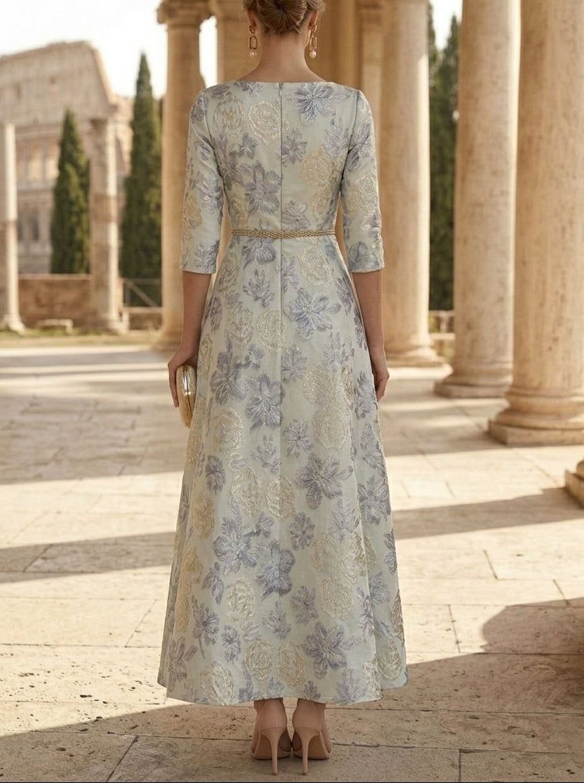 A-Line/Princess V-Neck Jacquard Mother of the Bride Dresses Floral 3/4 Sleeves Asymmetrical Tea-Length Belt