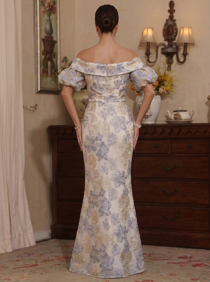 Trumpet/Mermaid Off-the-Shoulder Jacquard Mother of the Bride Dresses Floral Puff Sleeves Floor-Length