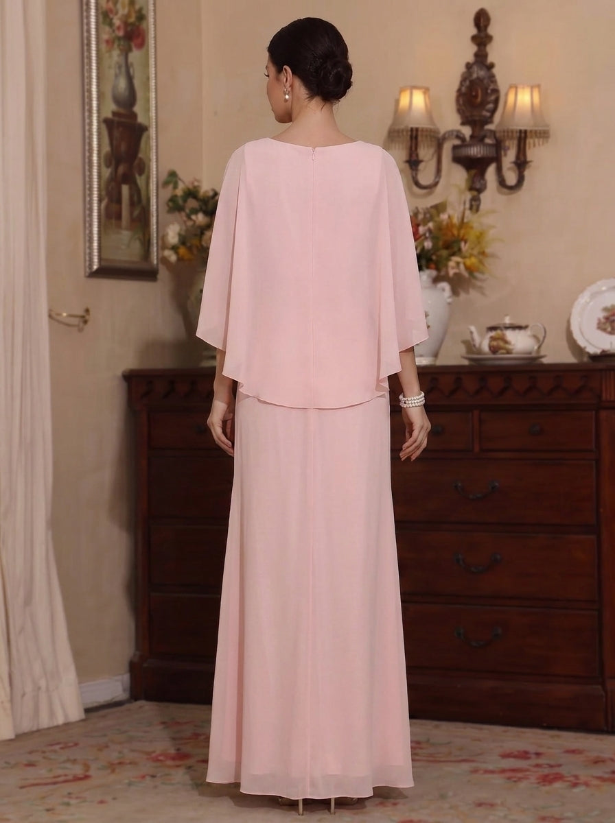 A-Line/Princess V-Neck Chiffon Mother of the Bride Dresses Cape Sleeves Ruched Ankle-Length