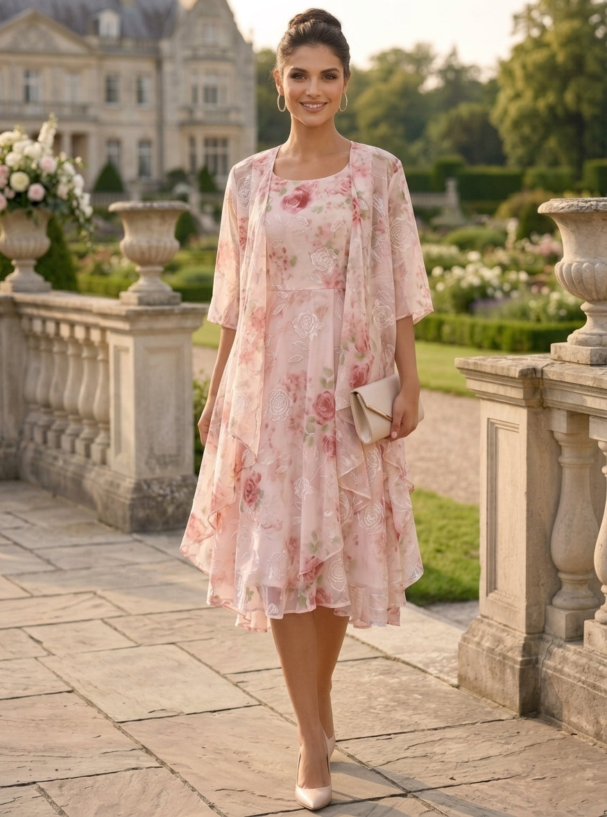 2 Pieces A-Line/Princess Scoop Chiffon Mother of the Bride Dresses with Wrap Floral Half Sleeves Tea-Length