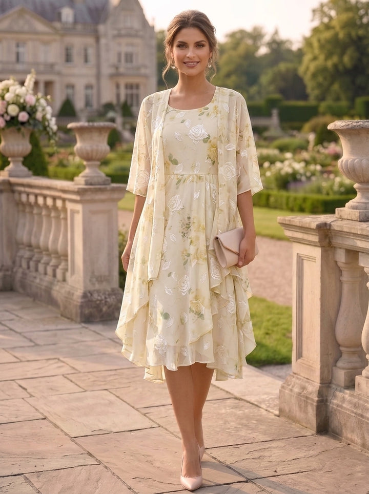 2 Pieces A-Line/Princess Scoop Chiffon Mother of the Bride Dresses with Wrap Floral Half Sleeves Tea-Length
