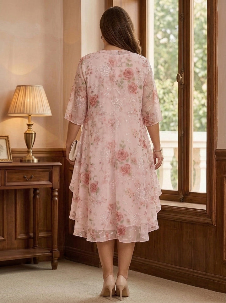 2 Pieces A-Line/Princess Scoop Chiffon Plus Size Mother of the Bride Dresses with Wrap Floral Half Sleeves Tea-Length