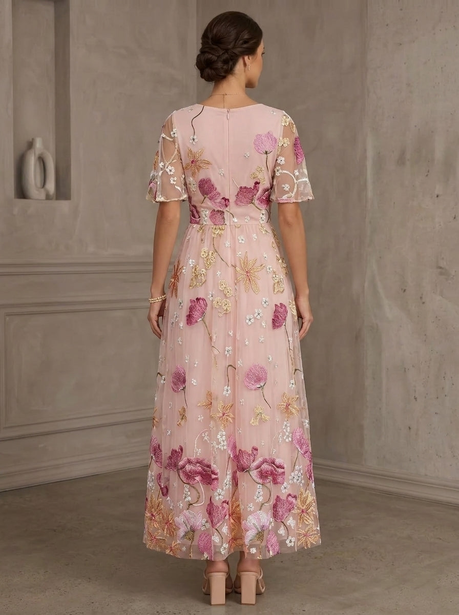 A-Line/Princess Scoop Lace Embroidery Mother of the Bride Dresses Floral Short Sleeves Ankle-Length
