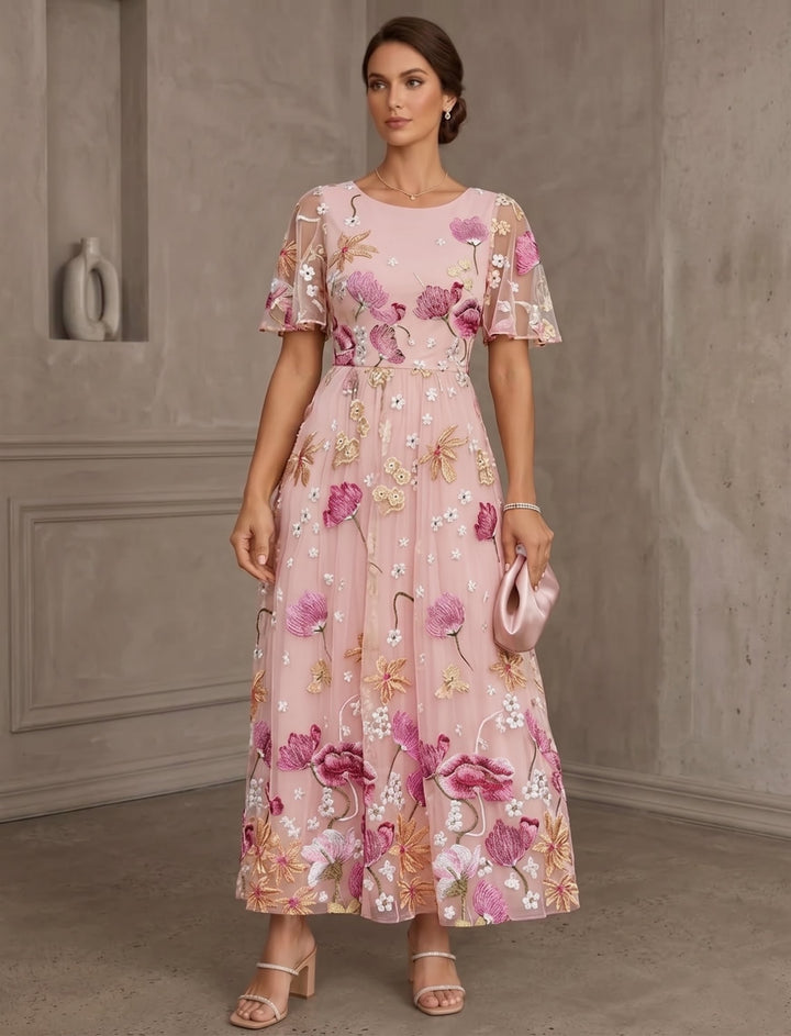 A-Line/Princess Scoop Lace Embroidery Mother of the Bride Dresses Floral Short Sleeves Ankle-Length