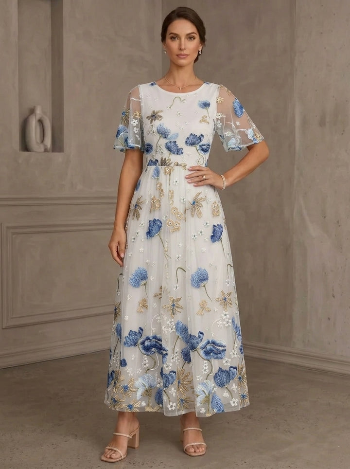 A-Line/Princess Scoop Lace Embroidery Mother of the Bride Dresses Floral Short Sleeves Ankle-Length