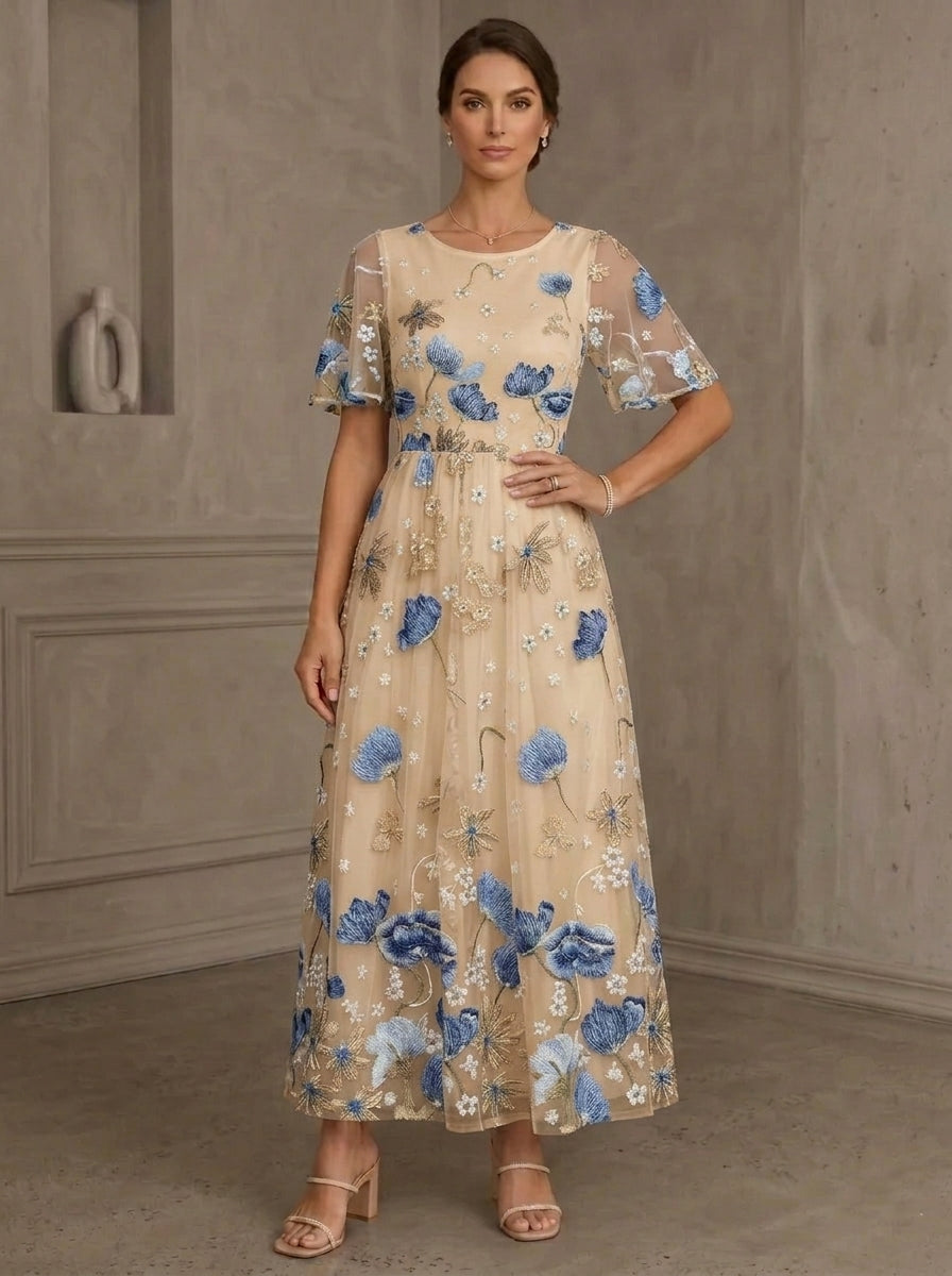 A-Line/Princess Scoop Lace Embroidery Mother of the Bride Dresses Floral Short Sleeves Ankle-Length