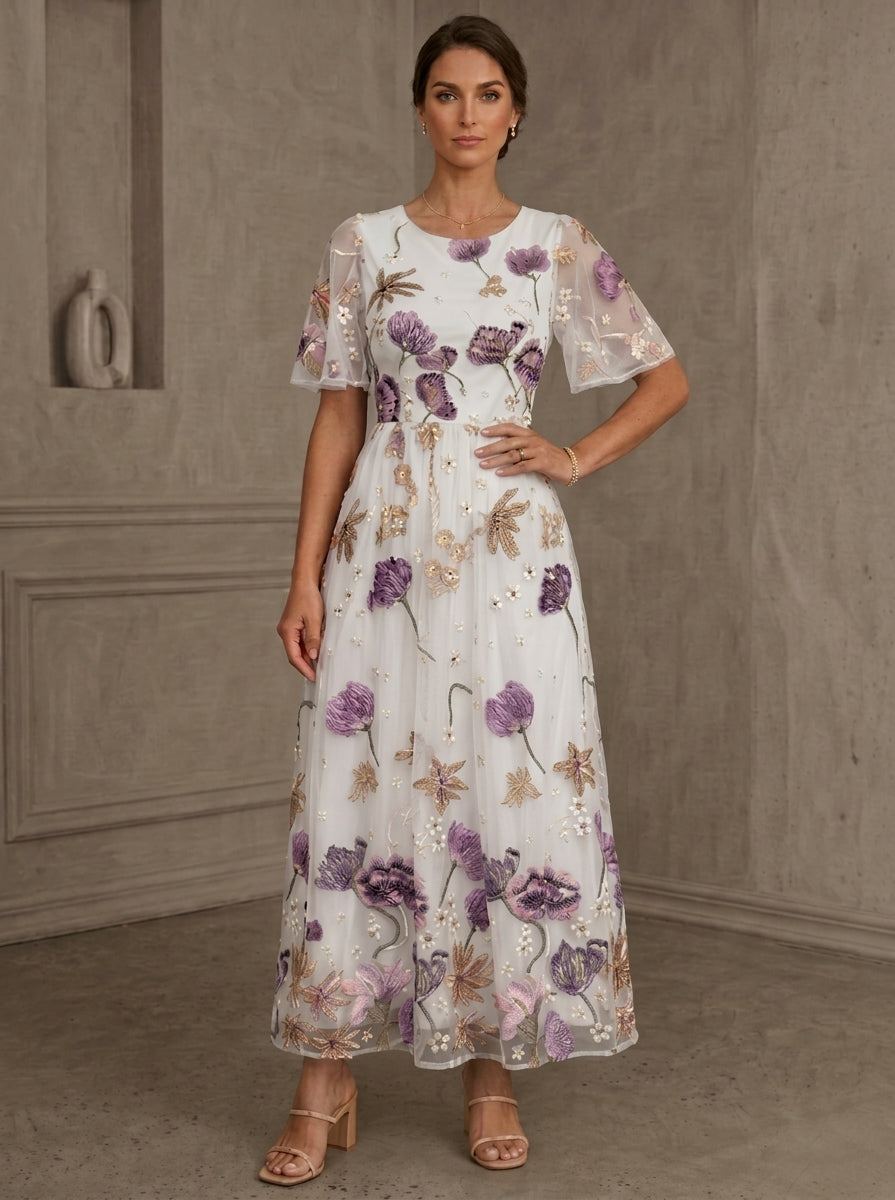 A-Line/Princess Scoop Lace Embroidery Mother of the Bride Dresses Floral Short Sleeves Ankle-Length