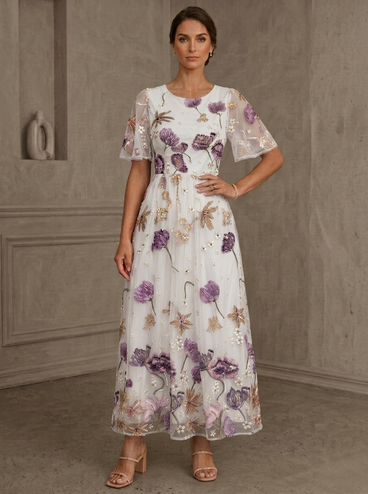 A-Line/Princess Scoop Lace Embroidery Mother of the Bride Dresses Floral Short Sleeves Ankle-Length