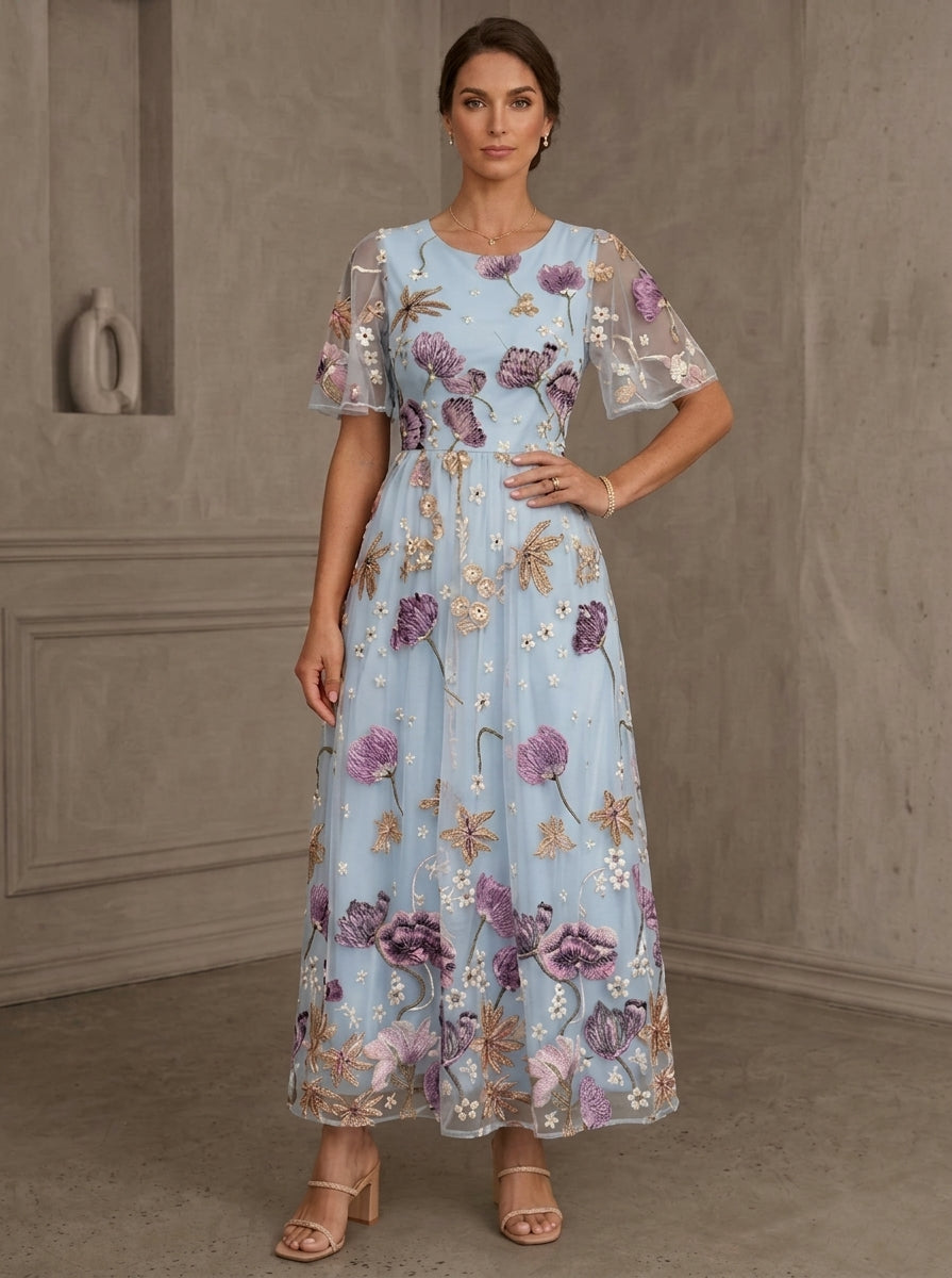 A-Line/Princess Scoop Lace Embroidery Mother of the Bride Dresses Floral Short Sleeves Ankle-Length