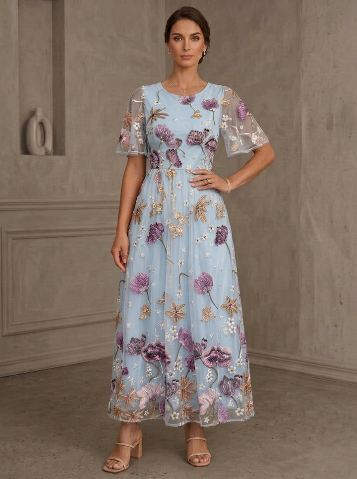 A-Line/Princess Scoop Lace Embroidery Mother of the Bride Dresses Floral Short Sleeves Ankle-Length