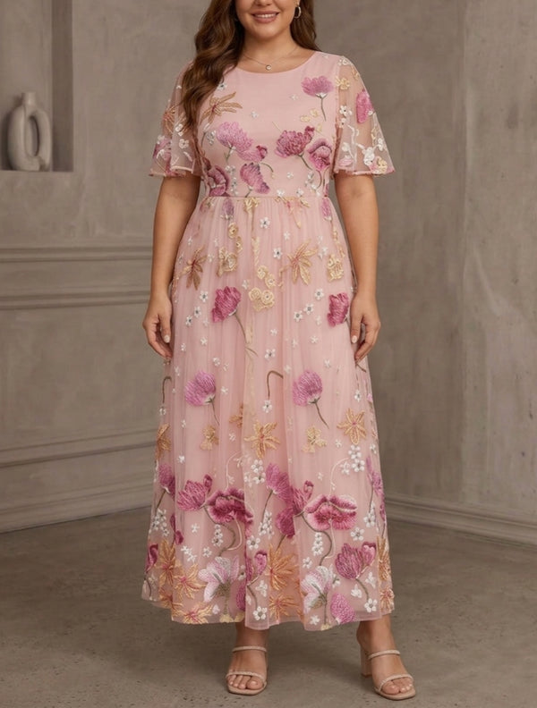A-Line/Princess Scoop Lace Embroidery Plus Size Mother of the Bride Dresses Floral Short Sleeves Ankle-Length