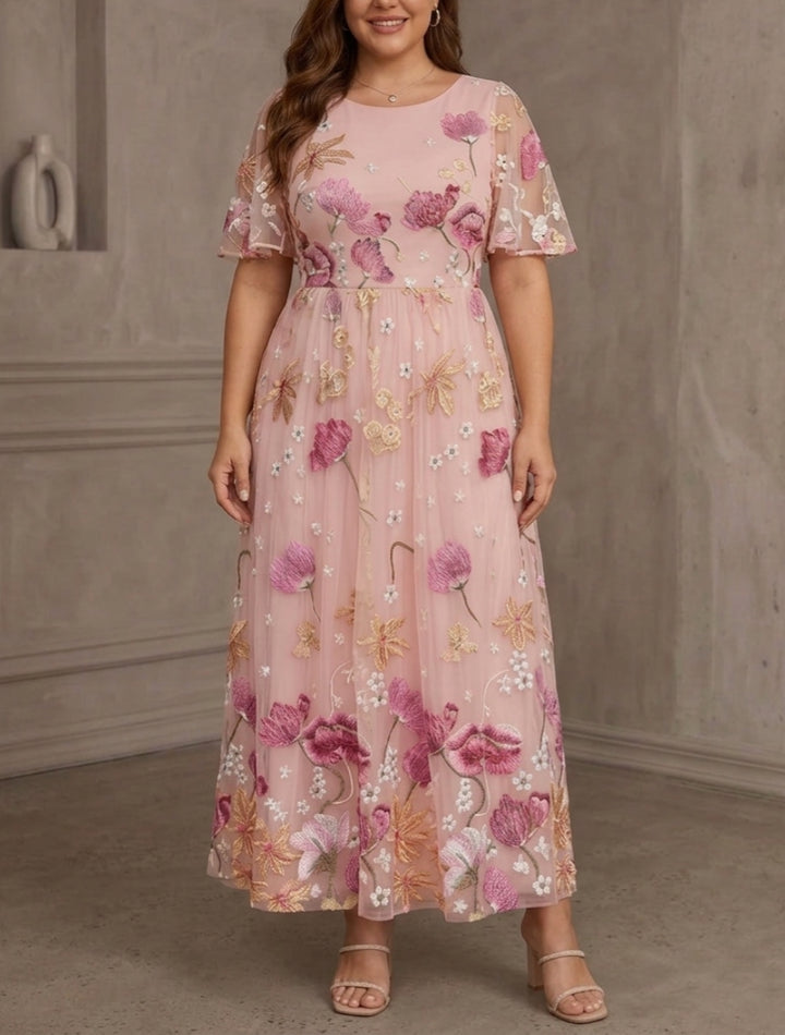 A-Line/Princess Scoop Lace Embroidery Plus Size Mother of the Bride Dresses Floral Short Sleeves Ankle-Length