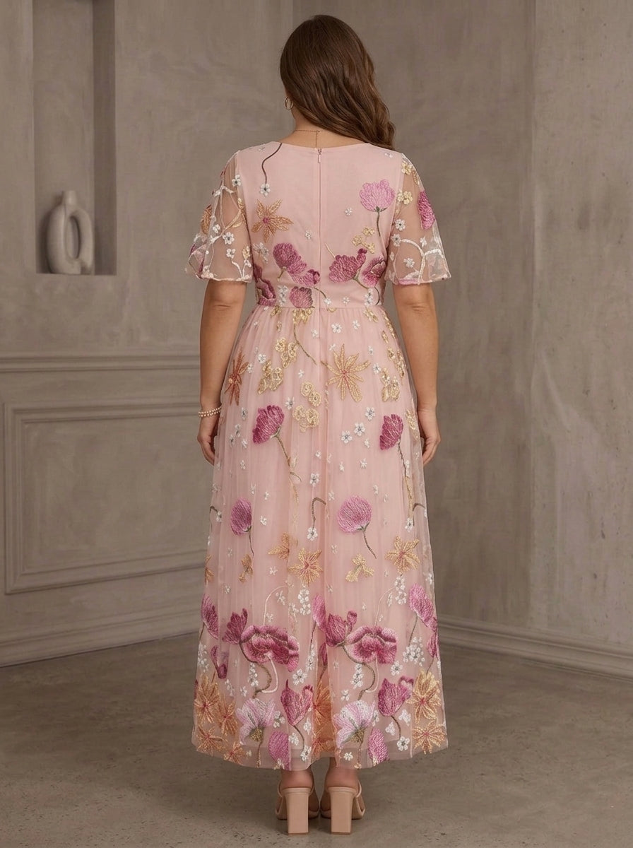 A-Line/Princess Scoop Lace Embroidery Plus Size Mother of the Bride Dresses Floral Short Sleeves Ankle-Length