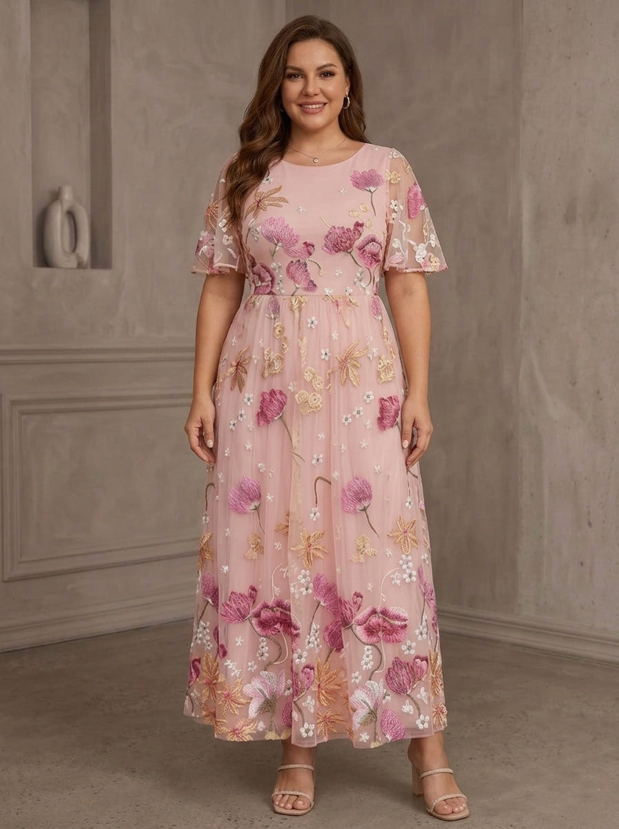 A-Line/Princess Scoop Lace Embroidery Plus Size Mother of the Bride Dresses Floral Short Sleeves Ankle-Length