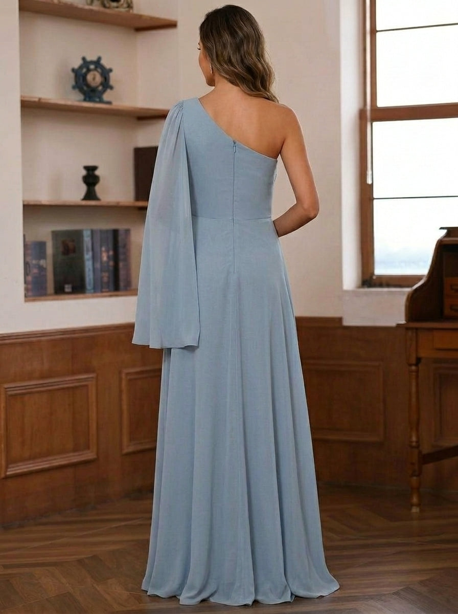 A-Line/Princess One-Shoulder Chiffon Mother of the Bride Dresses Cape Sleeve Ruched Floor-Length, Dusty Blue