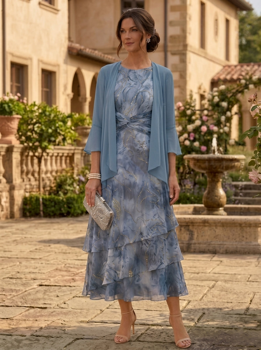 2 Pieces A-Line/Princess Scoop Chiffon Mother of the Bride Dresses with Jacket Floral 3/4 Sleeves Tea-Length, Dusty Blue