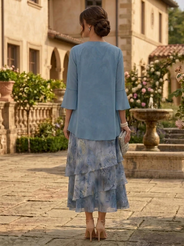 2 Pieces A-Line/Princess Scoop Chiffon Mother of the Bride Dresses with Jacket Floral 3/4 Sleeves Tea-Length