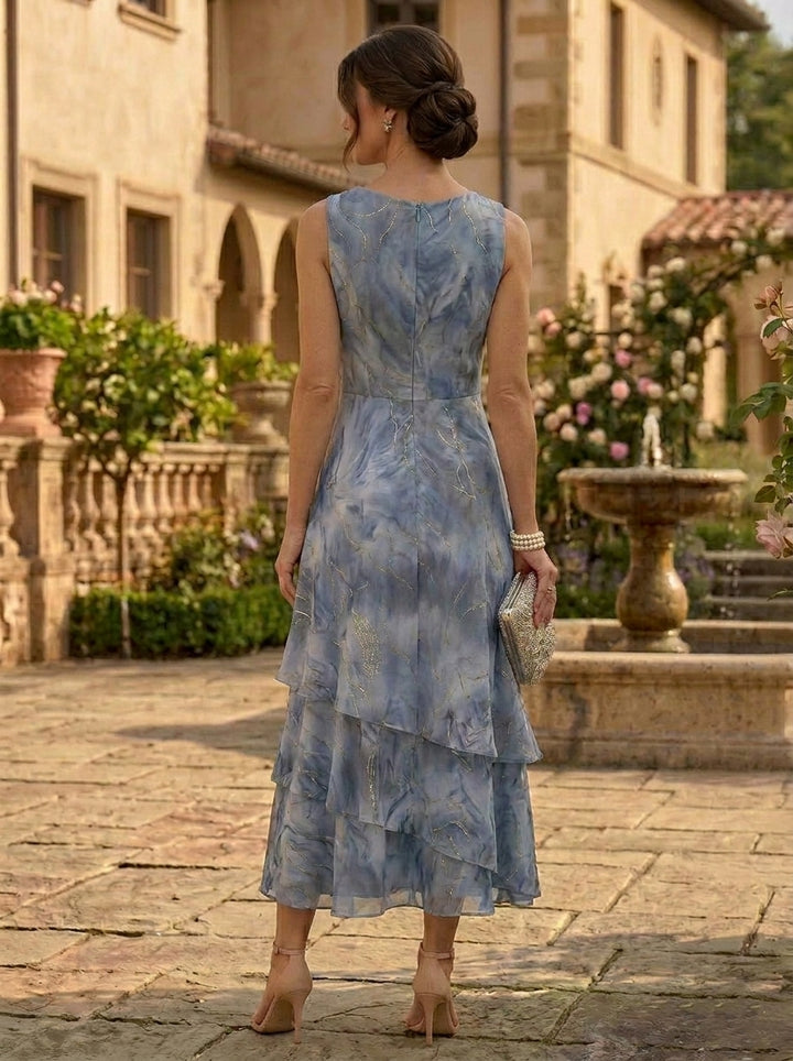 2 Pieces A-Line/Princess Scoop Chiffon Mother of the Bride Dresses with Jacket Floral 3/4 Sleeves Tea-Length