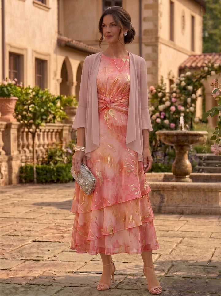 2 Pieces A-Line/Princess Scoop Chiffon Mother of the Bride Dresses with Jacket Floral 3/4 Sleeves Tea-Length