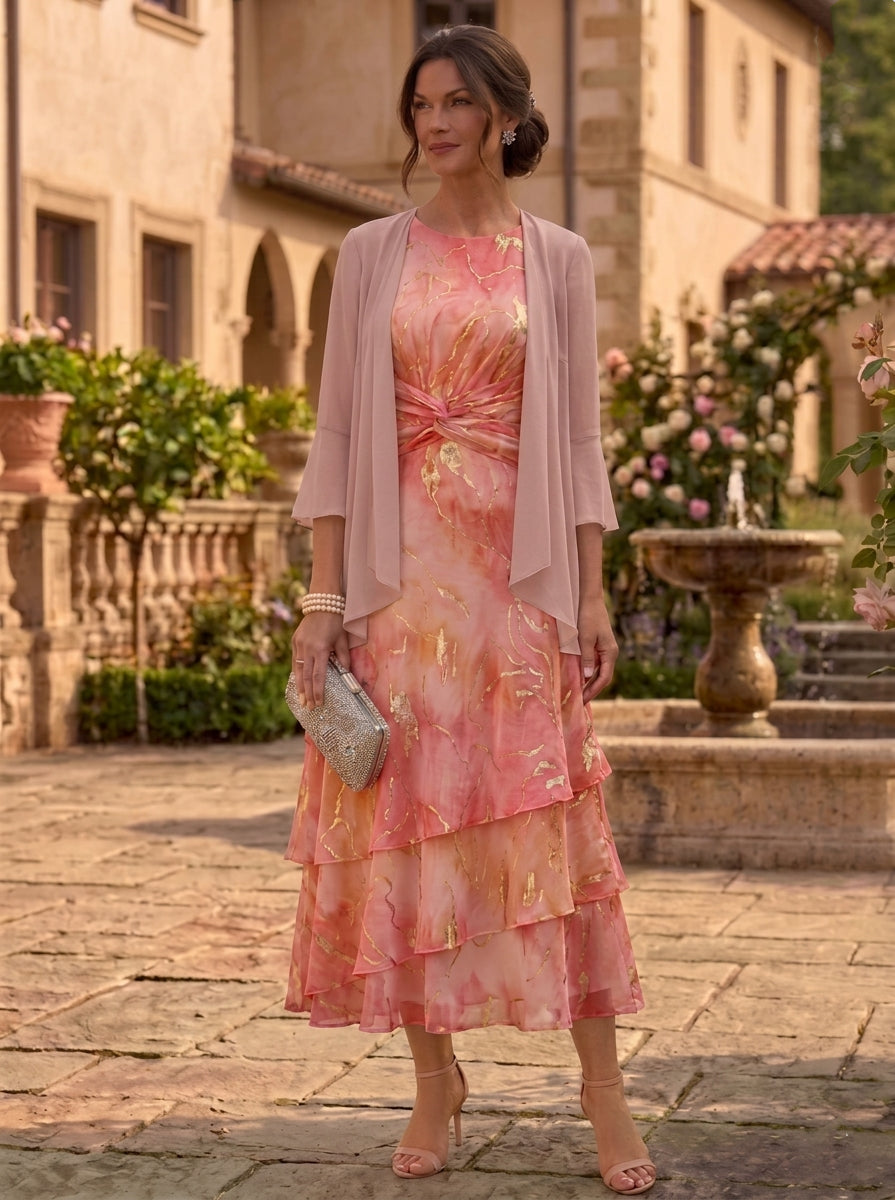 2 Pieces A-Line/Princess Scoop Chiffon Mother of the Bride Dresses with Jacket Floral 3/4 Sleeves Tea-Length