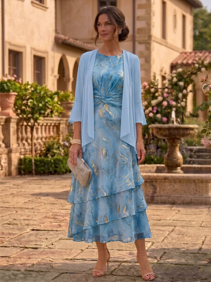 2 Pieces A-Line/Princess Scoop Chiffon Mother of the Bride Dresses with Jacket Floral 3/4 Sleeves Tea-Length