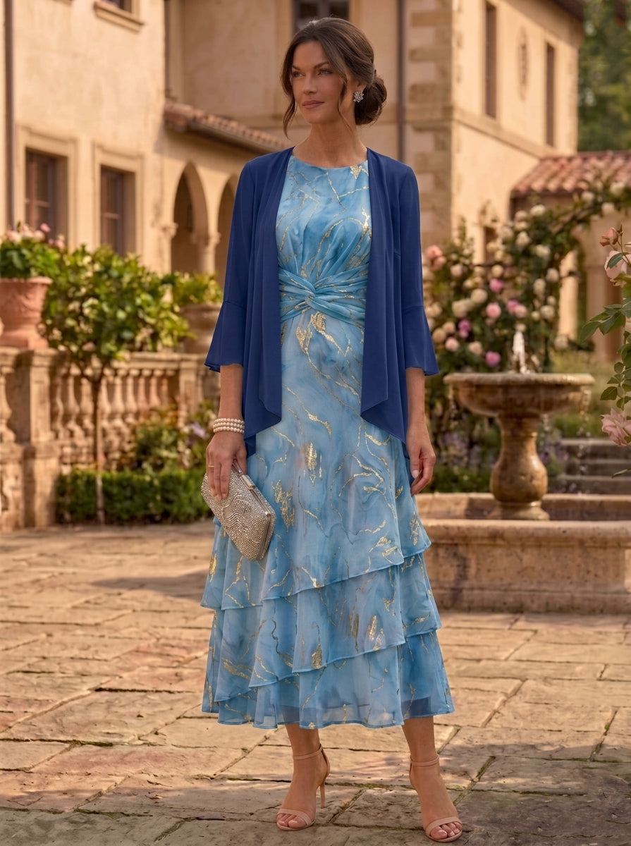 2 Pieces A-Line/Princess Scoop Chiffon Mother of the Bride Dresses with Jacket Floral 3/4 Sleeves Tea-Length