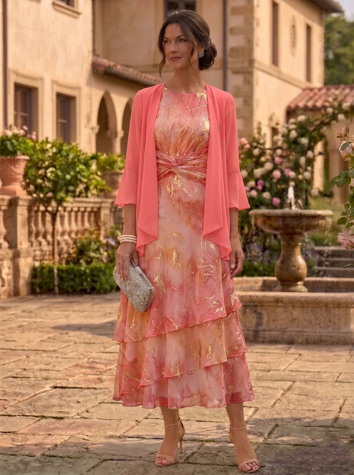 2 Pieces A-Line/Princess Scoop Chiffon Mother of the Bride Dresses with Jacket Floral 3/4 Sleeves Tea-Length