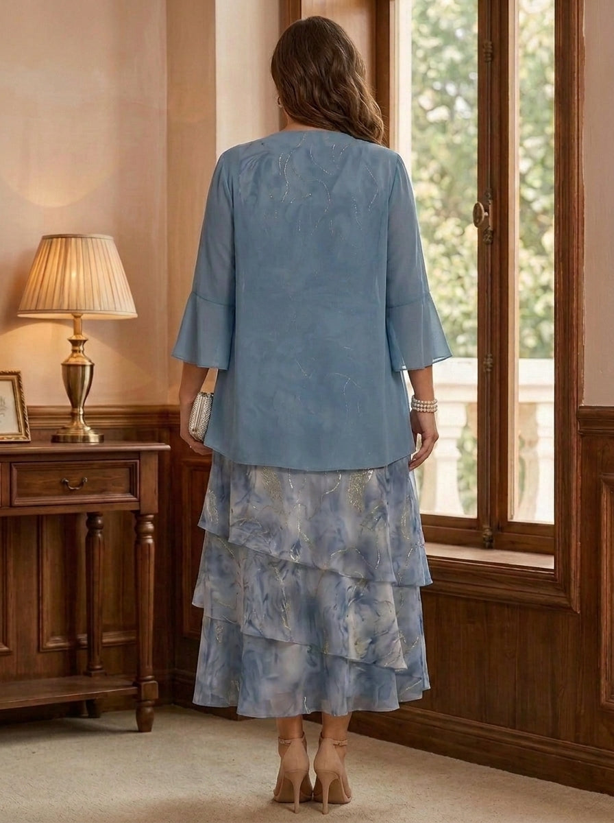2 Pieces A-Line/Princess Chiffon Plus Size Mother of the Bride Dresses with Jacket Scoop Floral 3/4 Sleeves Tea-Length
