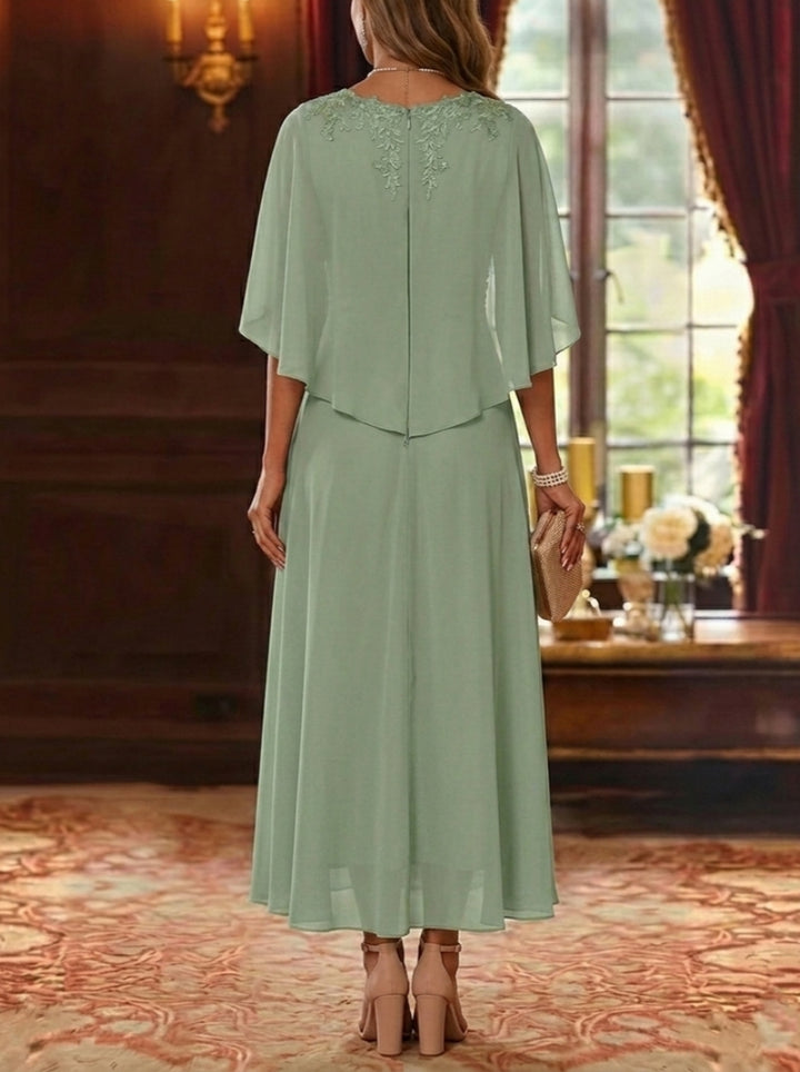 A-Line/Princess V-Neck Chiffon Mother of the Bride Dresses Cape Sleeves Ruched Lace Asymmetrical Tea-Length