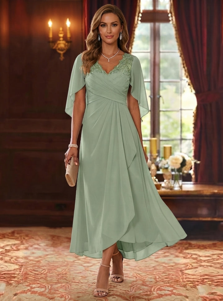A-Line/Princess V-Neck Chiffon Mother of the Bride Dresses Cape Sleeves Ruched Lace Asymmetrical Tea-Length Lilac