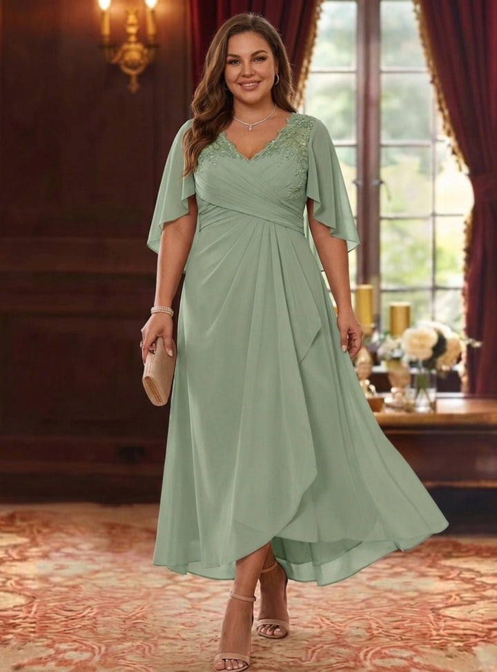 A-Line/Princess V-Neck Chiffon Plus Size Mother of the Bride Dresses Cape Sleeves Ruched Lace Asymmetrical Tea-Length
